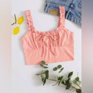 Short ruched chest top with front drawstring with ruched strap.